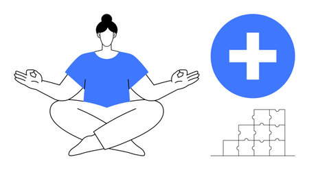 Meditation and health concept. Meditation promotes well-being, mental clarity, and mindfulness. Health benefits include balance, stress relief, and positive habits. For wellness, healthcareのイラスト素材