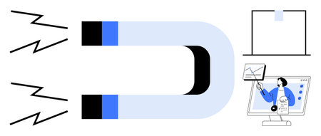 Digital marketing concept. Magnet customer attraction, with charts, data, and analytics imagery. Digital marketing s lead generation and business growth. For advertising, analytics, sales strategyのイラスト素材