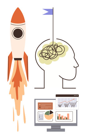 Rocket taking off, head with tangled ideas and flag, screen displaying analytics. Ideal for innovation, strategy, business growth, brainstorming, creative thinking, goal setting problem-solvingのイラスト素材