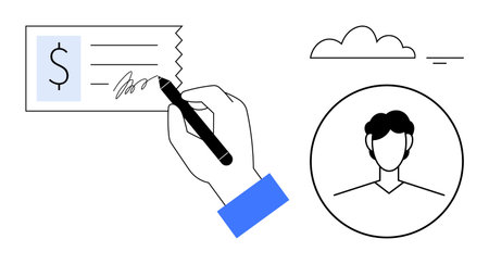 Payment transaction. Hand signing a check with user profile and cloud symbol. Payment highlighted through modern transaction processes and security. For finance, banking, fintech, verificationのイラスト素材