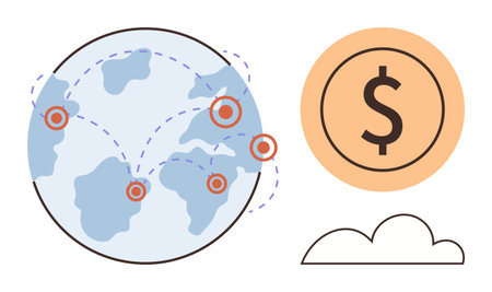 Globe with interconnected points and paths, dollar icon, and cloud drawing. Ideal for finance,...