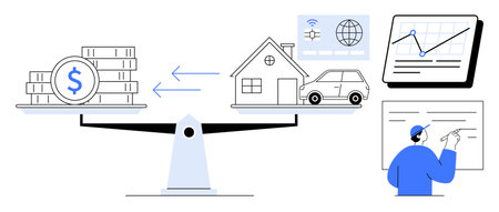 Scales with money and assets, charts, data, and a person analyzing. Ideal for finance, investment, balance, economy budgeting trade-off decision-making. Simple flat metaphorのイラスト素材