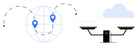 Global trade, logistics, sustainability, fairness, technology cloud computing. A globe with location points and a scale. Global trade and logistics. Line metaphor. Simple line iconsのイラスト素材