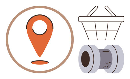 Location pin within a circle, shopping basket and tape rolls symbolizing logistics, e-commerce, delivery services, online shopping, warehouse operations, packaging, and retail management. Simple flatのイラスト素材
