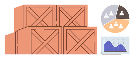 Stacked wooden crates, pie chart dividing workforce data, and graph tracking inventory trends. Ideal for logistics, inventory, supply chain, distribution, analytics, warehouse management simple flatのイラスト素材