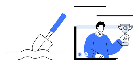 Shovel digging into the ground, symbolizing groundwork, and a person holding a trophy on a screen, depicting success. Ideal for innovation, achievements, technology, online learning, productivityのイラスト素材