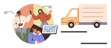 Group of colleagues celebrating a success with charts and teamwork visuals alongside a delivery truck. Ideal for business, collaboration, success, transportation, teamwork, achievement, logisticsのイラスト素材