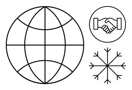 Global concept. Globe, handshake, and snowflake icons collaboration, connectivity, and diversity. Global networks, teamwork and seasonal . For business education and environmental designsのイラスト素材