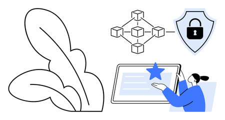 Digital security, blockchain technology, eco-friendly design, user interface, online review, technology integration. A shield with a lock, a blockchain diagram, a person using a tablet and leavesのイラスト素材