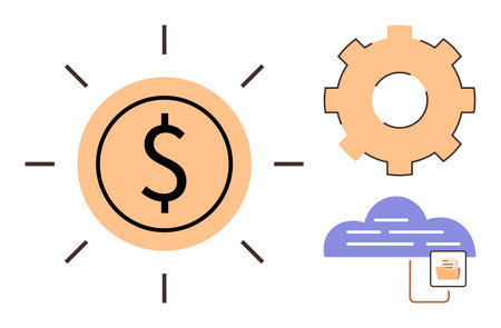 Dollar coin encircled by rays, gear representing process improvement, and cloud depicting digital storage. Ideal for finance, technology, innovation, automation, cloud services, digital economyのイラスト素材