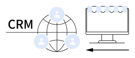 CRM concept. CRM enhances customer relationships through global connections and efficient online tools. CRM supports businesses, client management, data tracking, and team collaboration. Usageのイラスト素材