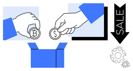 Finance, cryptocurrency, e-commerce, cost savings, sales, transactions. Hands holding Bitcoin and dollar coins, blue box downward sale arrow gear symbols. Cryptocurrency and e-commerce conceptのイラスト素材