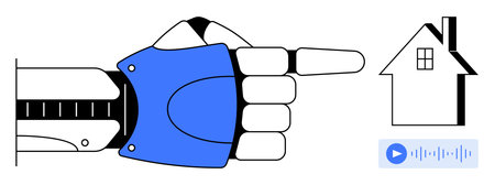 Smart home technology, artificial intelligence, voice control, IoT, home automation, future tech. Robotic hand pointing at a house icon with an audio control interface. Smart home and IoT conceptのイラスト素材