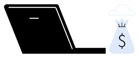 Laptop and money bag under a cloud representing digital transactions, cloud-based finance, and online business. Ideal for e-commerce, fintech, payment processing, savings, investing, remote workのイラスト素材