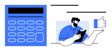 Business management, accounting services, financial planning, data organization, financial analysis, approval process. Calculator and man with clipboard beside a thumbs-up icon. Business managementのイラスト素材