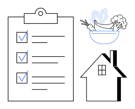 Healthy living, nutrition planning, home organization, meal preparation, personal goals, wellness tracking. Checklist with blue checkmarks, house bowl of fruits and vegetables. Healthy livingのイラスト素材