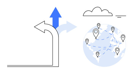 Global connectivity. Global connectivity through network points around the world, an upward arrow...