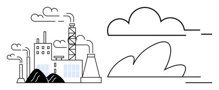 Environmental impact, industrialization, pollution control, climate change, sustainability, emissions. Factory with smoke and clouds. Environmental impact and industrialization conceptのイラスト素材