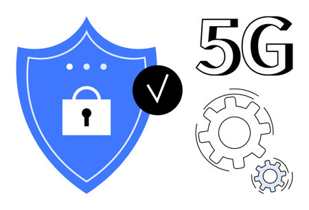 Network security, data protection, 5G, encryption, connectivity, technology systems. Blue shield...