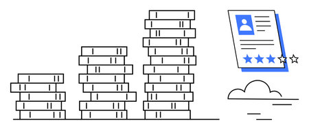 Stacked coins increasing in height, profile rating card with 4-star review, small cloud. Ideal for profit, investment, growth, rating system, finance, career progress minimal flat metaphorのイラスト素材