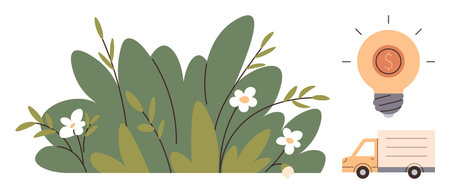 Green foliage with white flowers, glowing light bulb with a coin, and delivery truck. Ideal for sustainability, innovation, ecology, e-commerce, nature eco-transport green business. Simple flatのイラスト素材