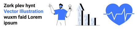 Business growth, data analytics, innovation, health monitoring, decision-making, creativity. a man holding a light bulb, a growth chart and a heartbeat icon. Business growth and innovationのイラスト素材