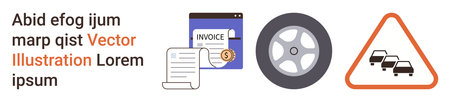 Vehicle maintenance, traffic safety, road services, auto repair, financial management, transportation planning. Icons include an invoice, car wheel and traffic sign. Vehicle maintenance and trafficのイラスト素材