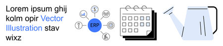 Enterprise management, task scheduling, workflow optimization, office tools, resource planning, automation. ERP symbol with connecting icons, calendar and watering can. Enterprise managementのイラスト素材