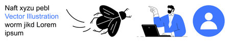Communication, business technology, user interface, presentations, insects, symbolic . A bug flying, a man presenting at a laptop user icon. Communication and business technologyのイラスト素材