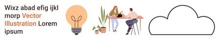 Collaboration, creativity, brainstorming, innovation, teamwork, workspace design. Lightbulb, people collaborating at a desk plants and cloud icon. Creativity and brainstorming conceptのイラスト素材