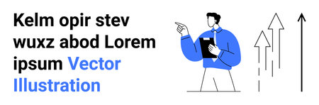 Business development, strategy planning, professional growth, data presentation, leadership, success. Person pointing while holding a clipboard, arrows growth. Business development and strategyのイラスト素材