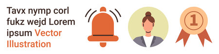 Notification systems, professional identity, recognition, business alerts, success symbols, achievement. Icons include a bell, a profile of a person and an award badge. Notification systemsのイラスト素材