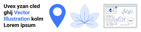 Navigation, analytics, business tools, digital design, floral art, modern tech. Blue location pin, flower outline and dashboard with charts. Navigation and analytics toolのイラスト素材