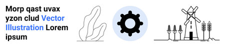 Education, innovation, sustainability, agricultural processes, technology, eco-concepts. Abstract nature shapes, gear icon windmill scene with crops. Innovation and sustainabilityのイラスト素材