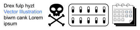 Health risks, medication safety, time management, medical warnings, toxic substances, pharmaceutical schedules. Skull s danger, pills in a blister pack calendar planning. Health risks and medicationのイラスト素材
