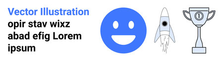 Motivation, achievement, success, creativity, goal setting, happiness. Blue happy face, a rocket...