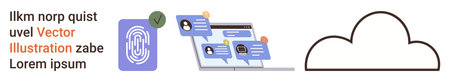 Data security, cloud services, communication technology, online conversations, identity verification, technology solutions. Fingerprint icon, chat interface and cloud outline. Data securityのイラスト素材