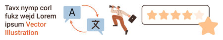 Multilingual communication, translation tools, customer reviews, professional services, feedback evaluation, online ratings. Language exchange icons and a man with a briefcase. Translationのイラスト素材