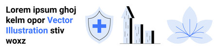 Healthcare, business growth, wellness, protection, financial improvement, symbols. Shield with...