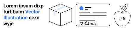E-commerce, social media engagement, minimalist design, packaging concepts, modern communication, healthy lifestyle. Box, social media interface and apple illustration. E-commerce and social mediaのイラスト素材