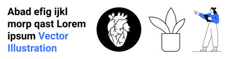 Anatomical heart in black circle, potted plant outline, and woman gesturing with tablet. Ideal for healthcare, nature, presentations, biology, minimalism, education simple landing pageのイラスト素材