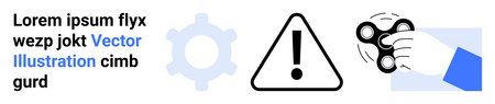 Workplace safety, hazard awareness, gear mechanism, productivity tools, caution signs, stress relief. Includes a warning icon, gear silhouette and hand with a fidget spinner. Workplace safetyのイラスト素材
