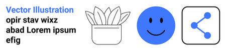 Social media, happiness, communication, nature, technology, modern design. Line-drawn plant pot, blue happy face and share symbol. Social media and happiness conceptsのイラスト素材