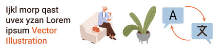 Aging lifestyle, language learning, translation, multilingual communication, education, senior living. Elderly woman sitting on a sofa, plant and language translation icons. Aging lifestyleのイラスト素材