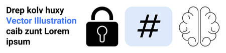 Lock icon, metadata tag symbol on blue background, and linear brain illustration highlight security,...