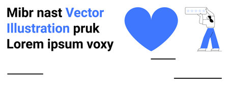 Love, feedback, communication, modern graphics, rating systems, digital interaction. Blue heart with a figure holding a rating card. Love and feedback through minimalistic designのイラスト素材