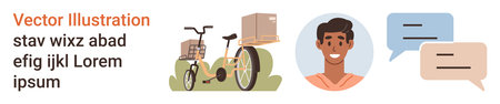 Delivery services, community interaction, courier systems, logistics, online platforms, conversational tools. Cargo bike carrying packages, smiling person and speech bubbles. Delivery servicesのイラスト素材