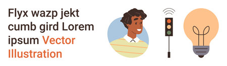 Education, technology, communication, energy, traffic systems, safety. Smiling person with traffic light and light bulb. Education and technology concepts illustrated through visualsのイラスト素材