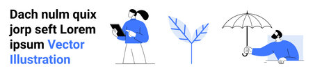 Digital tools, nature, protection, innovation, weather, personal identity. Person using a tablet, abstract branch and another person holding an umbrella. Digital tools and nature conceptのイラスト素材