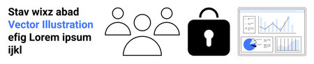 Group of people icons, padlock symbolizing security, and data charts. Ideal for teamwork, data...